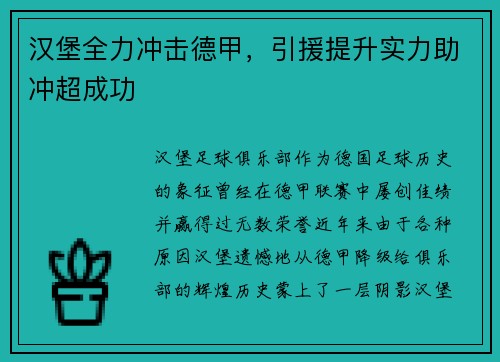 汉堡全力冲击德甲，引援提升实力助冲超成功