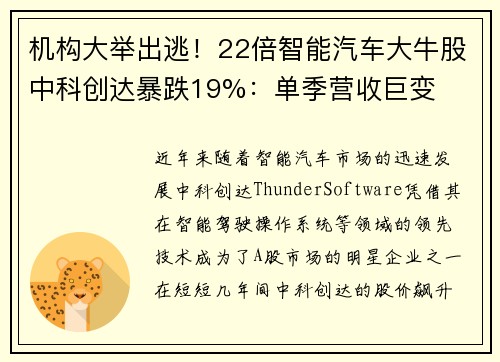 机构大举出逃！22倍智能汽车大牛股中科创达暴跌19%：单季营收巨变