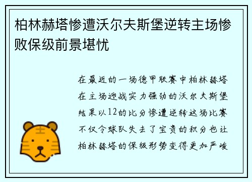 柏林赫塔惨遭沃尔夫斯堡逆转主场惨败保级前景堪忧