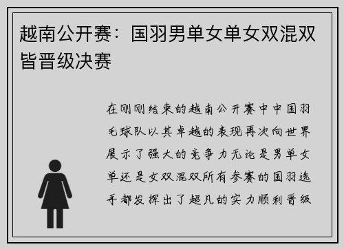 越南公开赛：国羽男单女单女双混双皆晋级决赛